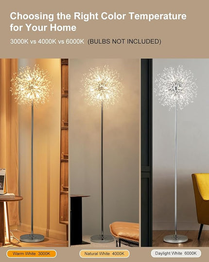 Modern Crystal Floor Lamp (9-Light, 70-Inch, Chrome), Standing Lamp with Footswitch, LED Floor Lamp for Living Room, Girls Room, Bedroom, Dresser, Office (Bulbs NOT Included) - LeafyLoom