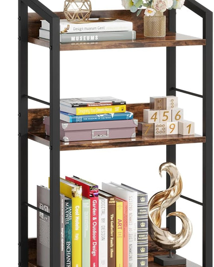 3 Tier Bookshelf: Small Modern Industrial Bookshelves for Bedroom, Short Bookcase Book Shelf for Small Spaces (Rustic Brown) - LeafyLoom