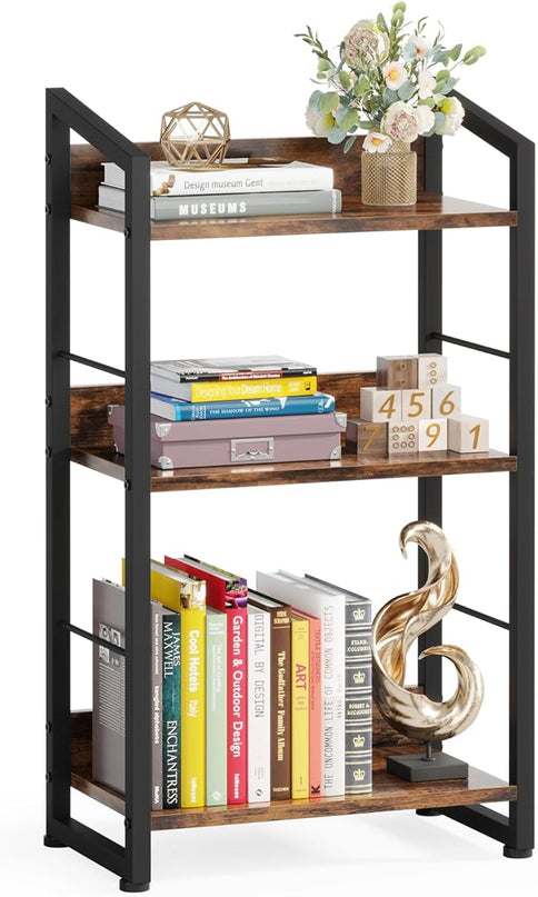 3 Tier Bookshelf: Small Modern Industrial Bookshelves for Bedroom, Short Bookcase Book Shelf for Small Spaces (Rustic Brown) - LeafyLoom