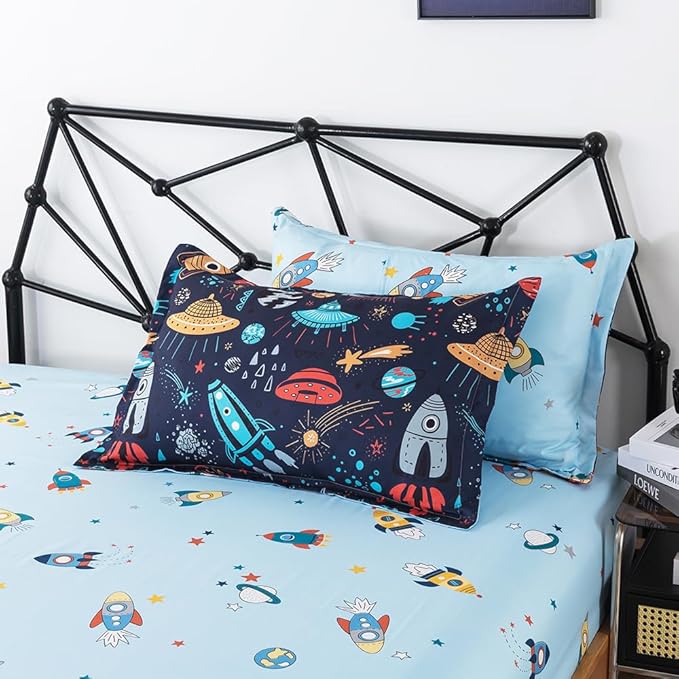 ADASMILE A & S Kids Space Comforter Set 6 Pieces Space Bedding Twin Size for Boys Space Ship Rocket Bedding Galaxy Bed in a Bag Comforter Twin Outer Space Bed Set with Blue Space Sheets Home Decor - LeafyLoom