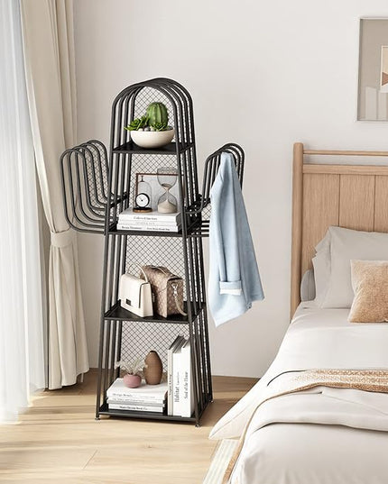 DOORXIF 4-Tier Industrial Bookshelf Freestanding, Cactus Bookcase Storage Organizer Closet Corner Metal Display Cabinet, Corner Black Bookshelf for Small Spaces, Industrial Bookcase for Bedroom Office - LeafyLoom
