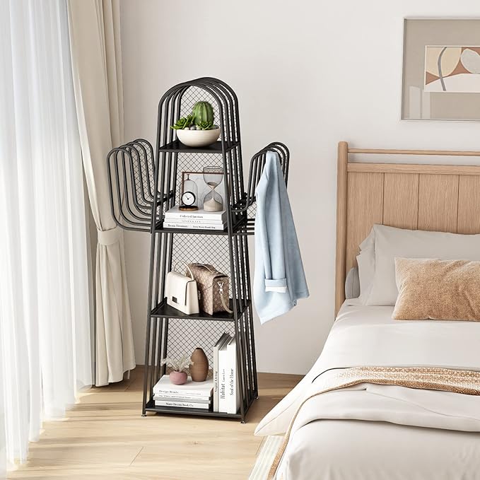 DOORXIF 4-Tier Industrial Bookshelf Freestanding, Cactus Bookcase Storage Organizer Closet Corner Metal Display Cabinet, Corner Black Bookshelf for Small Spaces, Industrial Bookcase for Bedroom Office - LeafyLoom