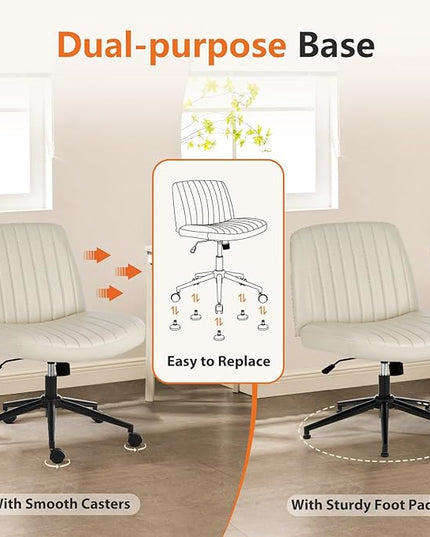 Sweetcrispy Criss Cross Office Chair with Wheels, Wide Armless Home Office Desk Chair with Dual-Purpose Base, Swivel Adjustable Leather Task Vanity Computer Chair, Cream - LeafyLoom