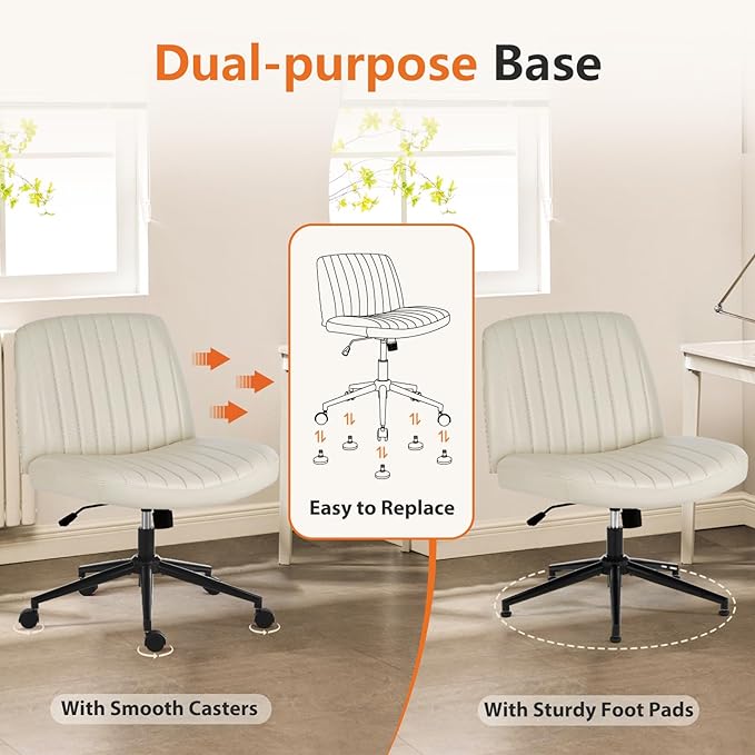 Sweetcrispy Criss Cross Office Chair with Wheels, Wide Armless Home Office Desk Chair with Dual-Purpose Base, Swivel Adjustable Leather Task Vanity Computer Chair, Cream - LeafyLoom