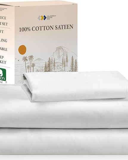California Design Den Soft 100% Cooling Cotton Sheets Twin Size, 3 Piece Twin Sheet Set with Sateen Weave, Cooling Sheets - Ivory - LeafyLoom