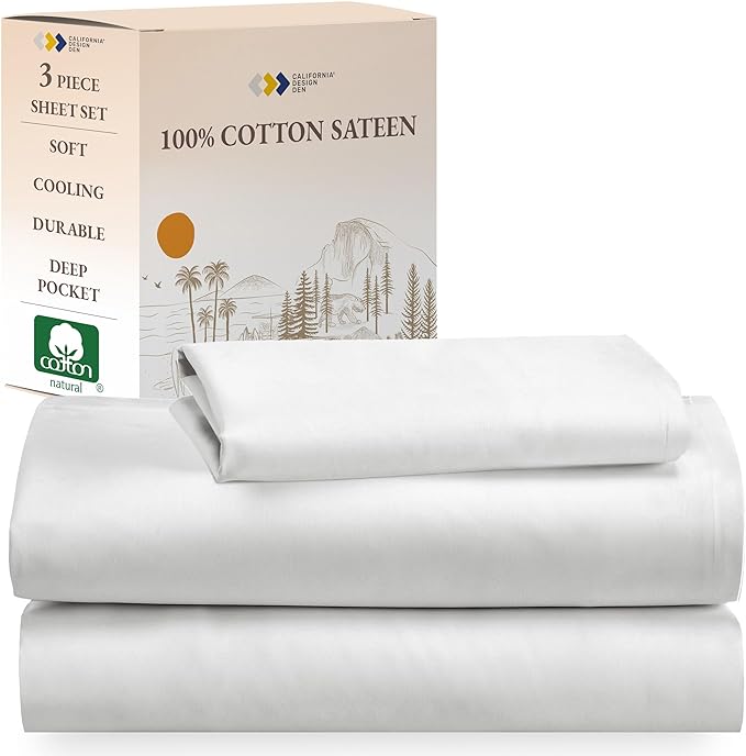 California Design Den Soft 100% Cooling Cotton Sheets Twin Size, 3 Piece Twin Sheet Set with Sateen Weave, Cooling Sheets - Ivory - LeafyLoom