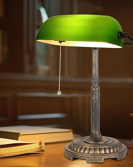 Bankers Lamp, Green Desk Lamp with Pull Switch, Vintage Table Lamps for Home Office, Library, Piano LED Bulb Included (Green) - LeafyLoom