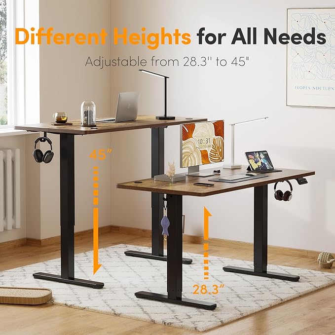 Cubiker 55 x 24 Inch Standing Desk, Stand up Height Adjustable Home Office Electric Table, Sit Stand Desk with Splice Board, Black Frame & Rustic Brown Desktop - LeafyLoom