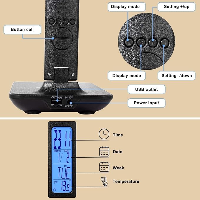 LED Desk Lamp, Dimmable Eye-Protecting Table Lamps with Night Light, USB Charging Port, 4 Color Temperature Modes, 5 Brightness Levels, 1H Timer, Touch Control for Home Office Bedroom (Black) - LeafyLoom