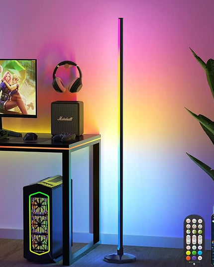 65" LED Corner Floor Lamp：Uocub 16 Million DIY Colors & 68+ Scene RGB Smart Modern Floor Lamp with Timing, Music Sync, App and Remote Control Standing Lamp for Living Room (Black) - LeafyLoom