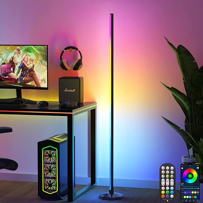 65" LED Corner Floor Lamp：Uocub 16 Million DIY Colors & 68+ Scene RGB Smart Modern Floor Lamp with Timing, Music Sync, App and Remote Control Standing Lamp for Living Room (Black) - LeafyLoom