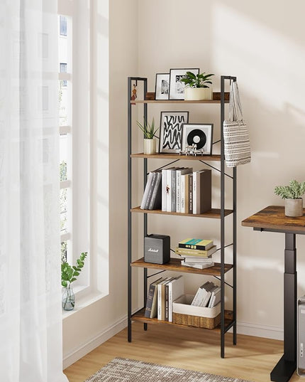 Bookshelf, Book Shelf, Industrial Bookcase with 2 Hooks, Coner Shelf Storage Organizer for Home Office, Living Room, Bedroom, Kitchen, 5-Tier Rustic Brown BC22501B - LeafyLoom