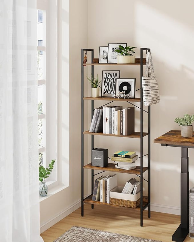 Bookshelf, Book Shelf, Industrial Bookcase with 2 Hooks, Coner Shelf Storage Organizer for Home Office, Living Room, Bedroom, Kitchen, 5-Tier Rustic Brown BC22501B - LeafyLoom