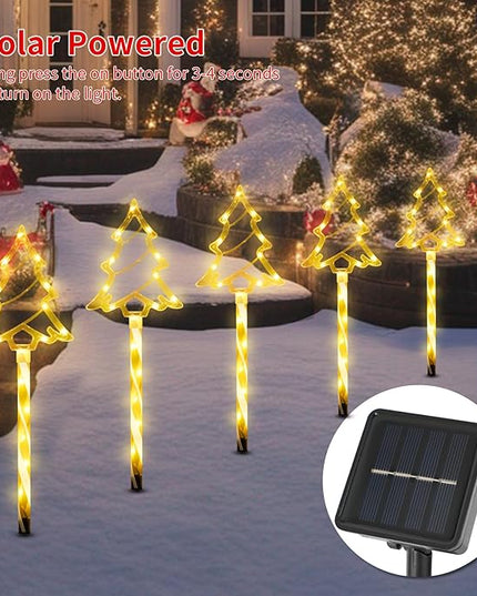 Solar Christmas Pathway Lights Outdoor Decorations, 8 Modes Xmas Tree Candy Lights Waterproof Led Garden Stake Lights for Walkway Yard Lawn Porch Holiday Decor 5-Pack (Warm White Xmas Tree Lights) BRIGHTDECK