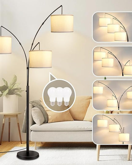 Arc Floor Lamps for Living Room,Modern Mid Century Tall Standing Floor Lamp with Heavy Base for Bedroom Office,3-Light Floor Lamp with Adjustable Hanging and 3 LED Bulbs (Black+Beige Shade) - LeafyLoom