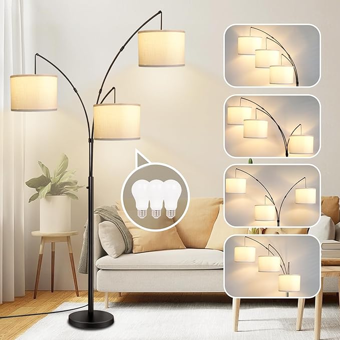 Arc Floor Lamps for Living Room,Modern Mid Century Tall Standing Floor Lamp with Heavy Base for Bedroom Office,3-Light Floor Lamp with Adjustable Hanging and 3 LED Bulbs (Black+Beige Shade) - LeafyLoom