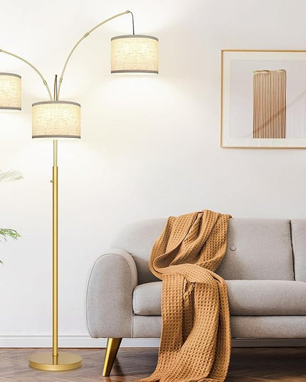 Nintiue Dimmable Floor Lamp - 3 Lights Gold Arc Floor Lamps for Living Room, 1000LM Modern Tall Standing Lamp with White Shades, Mid Century Tree Floor Lamp for Bedroom Office, 3 LED Bulbs Included - LeafyLoom