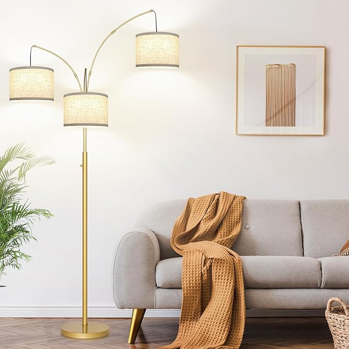 Nintiue Dimmable Floor Lamp - 3 Lights Gold Arc Floor Lamps for Living Room, 1000LM Modern Tall Standing Lamp with White Shades, Mid Century Tree Floor Lamp for Bedroom Office, 3 LED Bulbs Included - LeafyLoom
