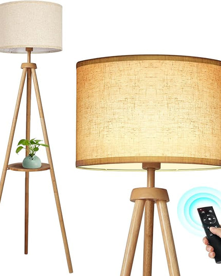 OUTON Wood Tripod Floor Lamp with Shelves, Mid Century Floor Lamp with Remote Control,4 Color Temperature, LED Modern Dimmable Standing Lamp with Beige Linen Shade for Living Room, Bedroom, Office - LeafyLoom