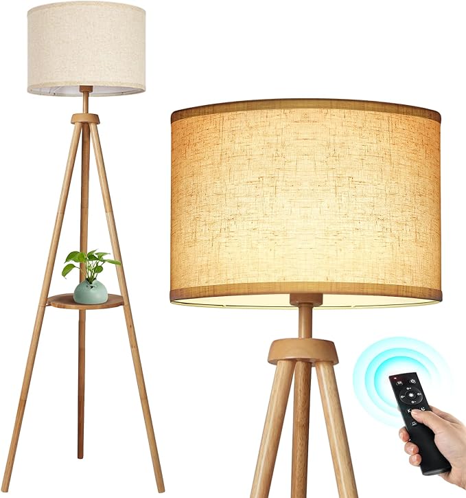 OUTON Wood Tripod Floor Lamp with Shelves, Mid Century Floor Lamp with Remote Control,4 Color Temperature, LED Modern Dimmable Standing Lamp with Beige Linen Shade for Living Room, Bedroom, Office - LeafyLoom