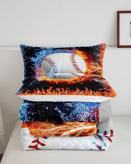 Erosebridal Baseball Comforter Set King Size Sports Theme Bedding Kids Teens Boys Fire and Ice Sports Baseball Quilted Duvet Decoration 3 Pcs Bedding Comforters Red Blue with 2 Pillowcases - LeafyLoom