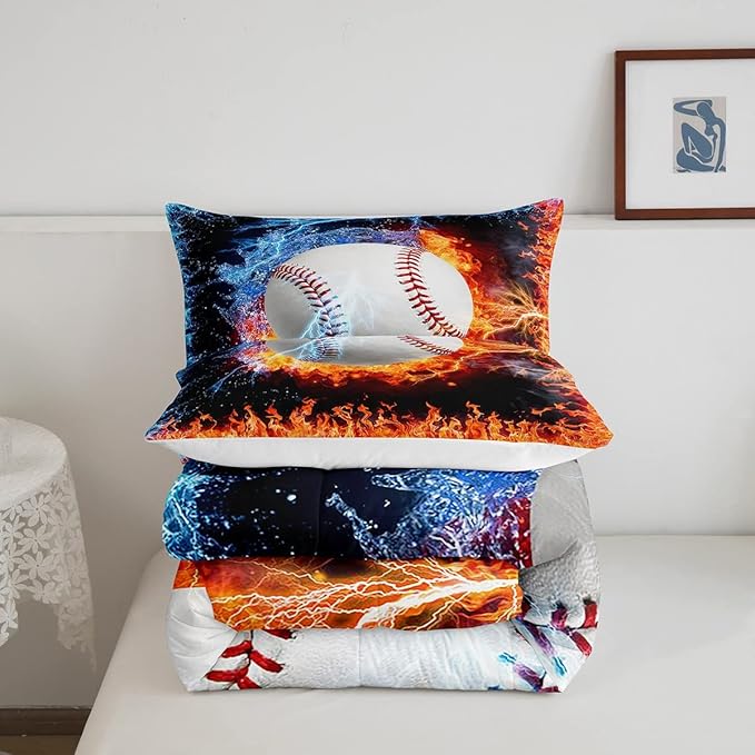 Erosebridal Baseball Comforter Set King Size Sports Theme Bedding Kids Teens Boys Fire and Ice Sports Baseball Quilted Duvet Decoration 3 Pcs Bedding Comforters Red Blue with 2 Pillowcases - LeafyLoom