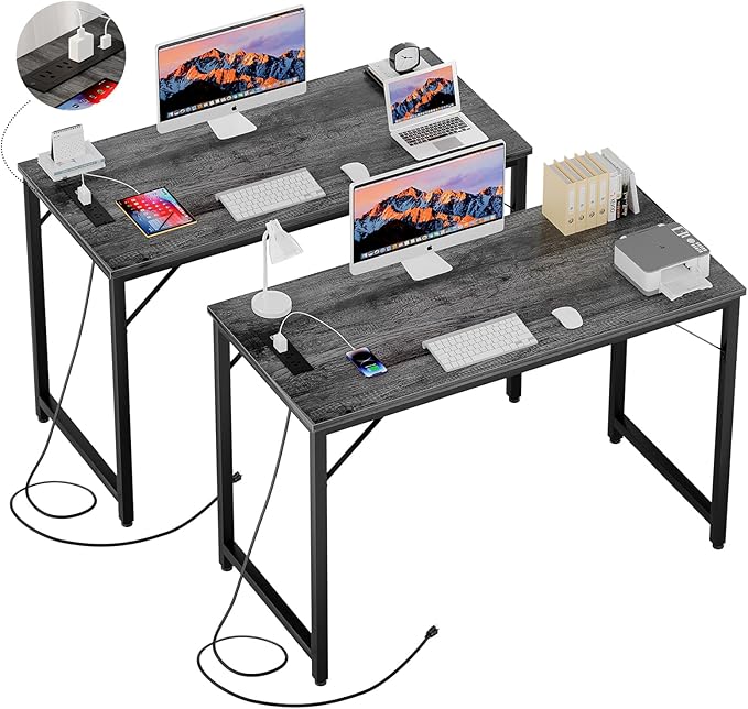 47 Inch Computer Desk with Magic Power Outlets, Modern Office Desk with USB Charging Ports, Sturdy Study Writing Desk, Laptop PC Gaming Table for Bedroom Workstation, Black Oak, 2 Pack - LeafyLoom