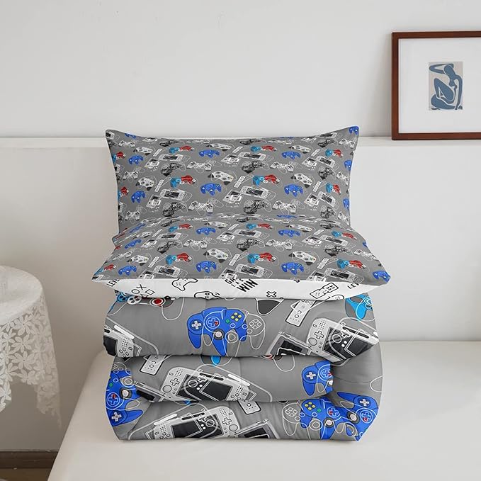 Erosebridal Gaming Comforter Set for Boys Video Games Gamer Bedding King Size Teens Kids Games Room Decor Reversible Quilt for All Season Home Decoration Cool Gamepad Print Down Comforter, Grey White - LeafyLoom