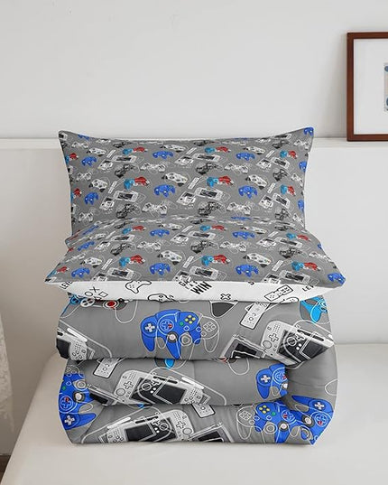 Gaming Bedding Comforters Gamer Comforter Set for Boys Kids Cartoon Gamepad Bedding Duvet Video Games Controller Home Decoration for All Season,1 Comforter Set + 2 Pillowcases, Full Size (Grey, White) - LeafyLoom