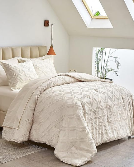 7 Pieces Tufted Bed in a Bag Queen Comforter Set with Sheets Beige, Soft and Embroidery Shabby Chic Boho Bohemian, Luxury Solid Color with Diamond Pattern, Jacquard Tufts Bedding Set for All Season - LeafyLoom