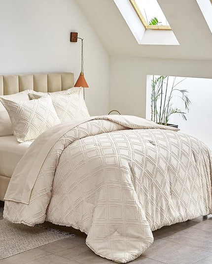 7 Pieces Tufted Bed in a Bag King Comforter Set with Sheets Beige, Soft and Embroidery Shabby Chic Boho Bohemian, Luxury Solid Color with Diamond Pattern, Jacquard Tufts Bedding Set for All Season - LeafyLoom