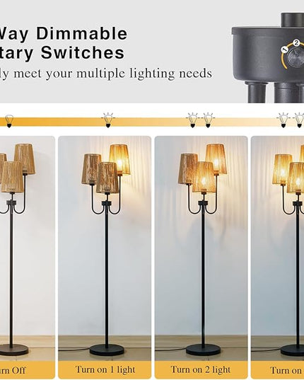 RORIANO Boho Floor Lamp for Living Room, 3-Light Rotary Switch Farmhouse Standing Bedroom Lamp with Rattan Shade, Tall Floor Lamps for Rustic, Coastal, Beach or Bohemian Decor, 3 LED Bulbs Included - LeafyLoom
