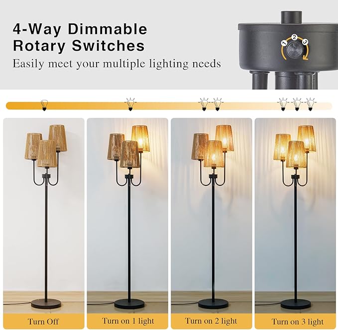 RORIANO Boho Floor Lamp for Living Room, 3-Light Rotary Switch Farmhouse Standing Bedroom Lamp with Rattan Shade, Tall Floor Lamps for Rustic, Coastal, Beach or Bohemian Decor, 3 LED Bulbs Included - LeafyLoom