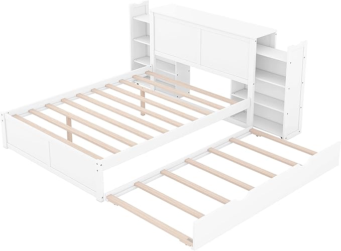 Full Size Platform Bed with Headboard, Pull Out Shelves and Twin Trundle, Wooden Versatile Storage Bedframe for Bedroom Guest Room, White - LeafyLoom