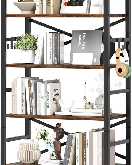 6 Tier Bookshelf, Industrial Bookcase with 8 Hooks, Vintage Storage Rack with Open Shelves, Rustic Standing Bookshelves Metal Frame Display Rack for Living Room, Bedroom, Rustic Brown - LeafyLoom