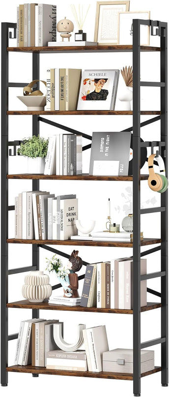 6 Tier Bookshelf, Industrial Bookcase with 8 Hooks, Vintage Storage Rack with Open Shelves, Rustic Standing Bookshelves Metal Frame Display Rack for Living Room, Bedroom, Rustic Brown - LeafyLoom