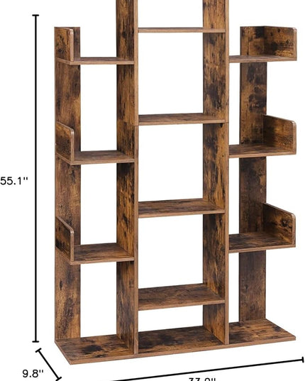 VASAGLE Bookshelf, Tree-Shaped Bookcase with 13 Storage Shelves, Rounded Corners & 9-Tier Floor Standing Tree Bookshelf, with Shelves for Living Room, Home Office, Rustic Brown ULBC11BX - LeafyLoom