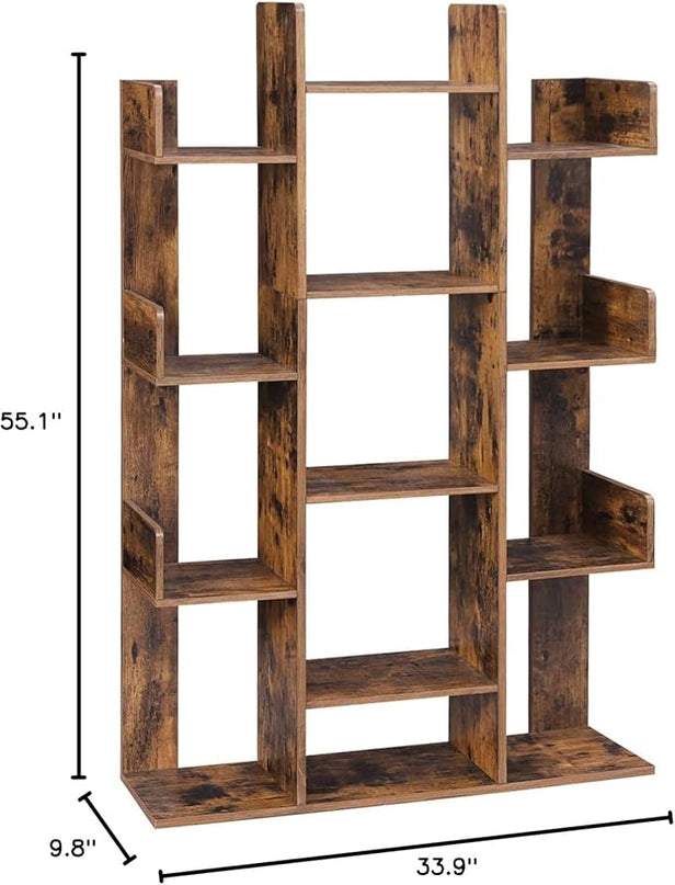 VASAGLE Bookshelf, Tree-Shaped Bookcase with 13 Storage Shelves, Rounded Corners & 9-Tier Floor Standing Tree Bookshelf, with Shelves for Living Room, Home Office, Rustic Brown ULBC11BX - LeafyLoom