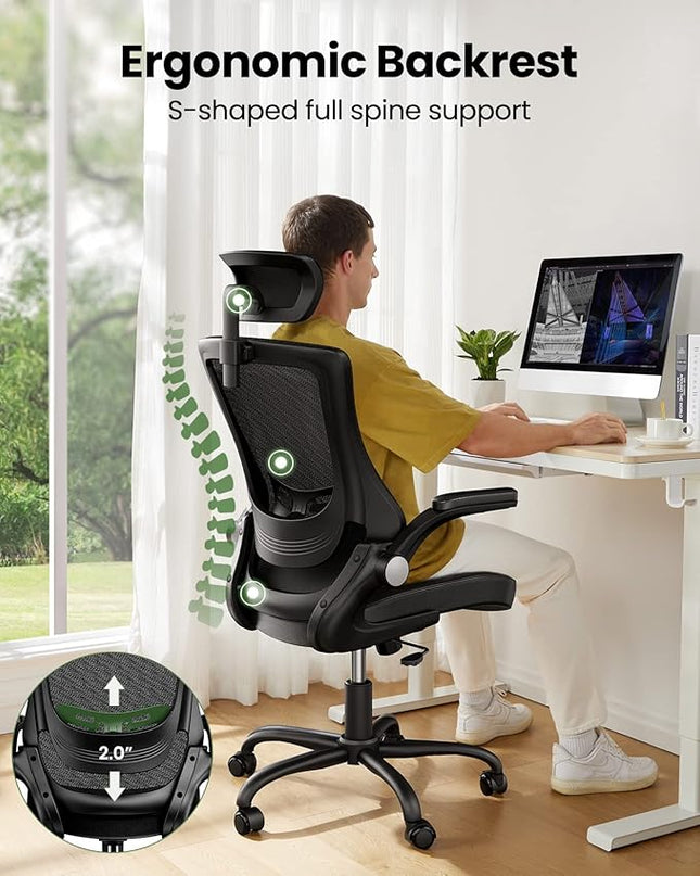 Marsail Office Chair Ergonomic Desk-Chair: Mesh Back Computer Chair with PU Leather Seat,Adjustable Lumbar Support&Flip-up Armrests, Adjustable Height Home Office Desk Chairs - LeafyLoom