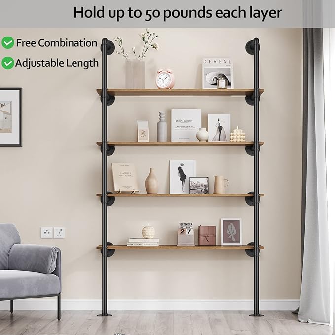 Pynsseu Industrial Iron Pipe Shelf Wall Mount, Farmhouse DIY Open Bookshelf, Pipe Shelves for Kitchen Bathroom, bookcases Living Room Storage, 2Pack of 5 Tier - LeafyLoom