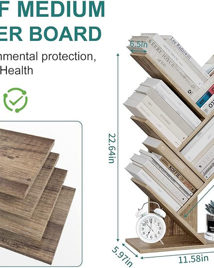 Tree Bookshelf, 5 -Tier Book Storage Organizer Shelves Floor Standing Bookcase, Wood Storage Rack for Office Home School Shelf Display for Cd/Magazine (French Oak Grey) - LeafyLoom