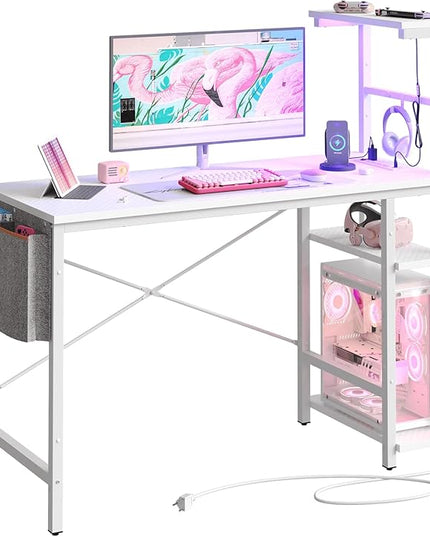Bestier Gaming Desk with Power Outlets, 44 Inch Led Gamer Desk with 4 Tiers Reversible Shelves, PC Gaming Table with Headset Hook & Side Storage Bag for Bedroom (White 3D Carbon Fiber) - LeafyLoom