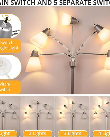 FOLKSMATE LED Floor Lamp, Medusa Multi-Head Modern Tall Standing Lamps, Adjustable Corner Reading Floor Light for Living Room, Bedroom, Kid Room, Classroom, Colored Lampshades, Silver Grey - LeafyLoom
