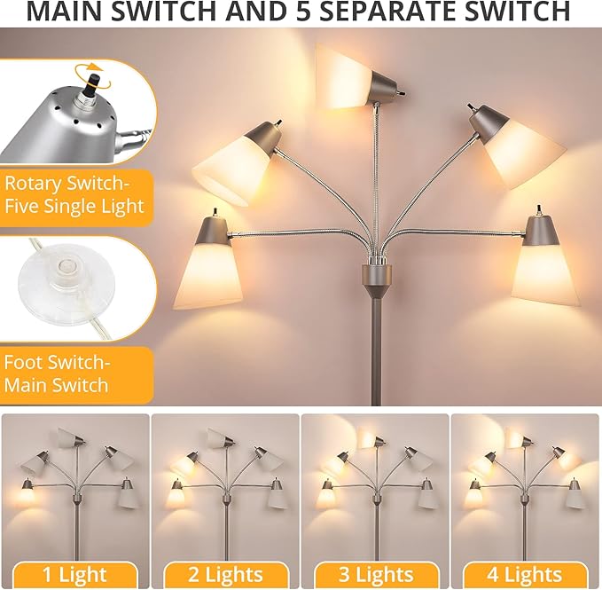 FOLKSMATE LED Floor Lamp, Medusa Multi-Head Modern Tall Standing Lamps, Adjustable Corner Reading Floor Light for Living Room, Bedroom, Kid Room, Classroom, Colored Lampshades, Silver Grey - LeafyLoom