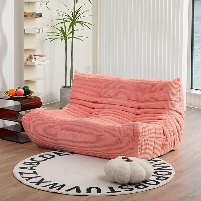 N&V Fireside Loveseat, Mid Century Armless Twin Size Floor Sofa, Soft Premium Corduroy Floor Lounge Chair, Foam Sofa Accent Chair for Living Room Bedroom and Office, Salmon - LeafyLoom