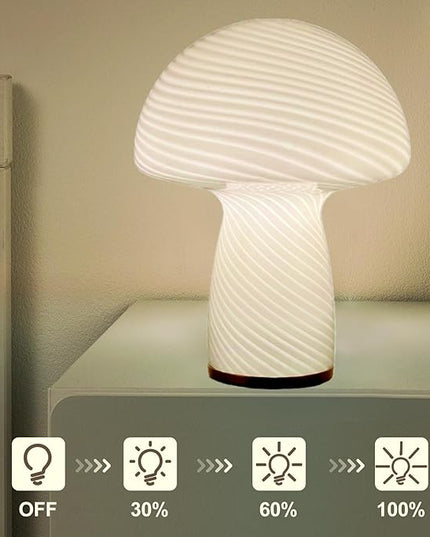 Mushroom Lamp,Glass Table Bedside Lamps,Translucent Vintage Style Striped Small Night Mushroom Decor Light for Ambient,Kids,Bedroom,Living,Gift (Stripe White) - LeafyLoom