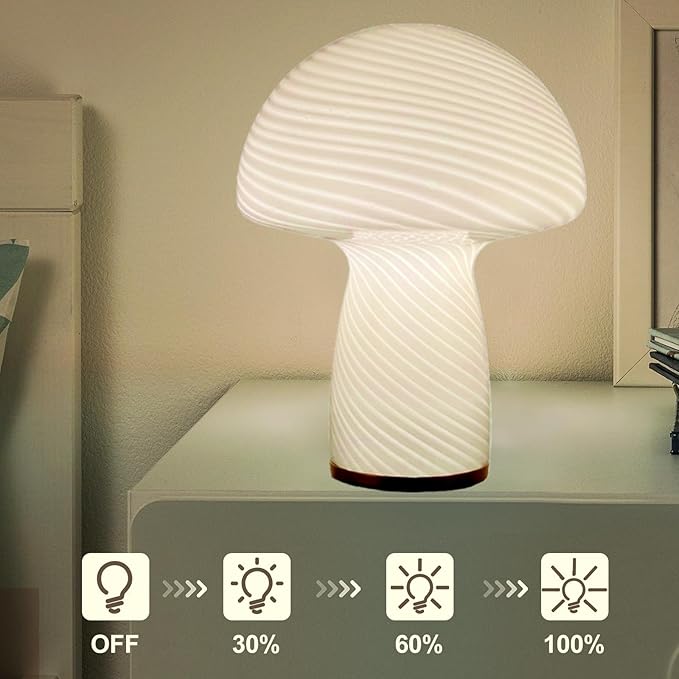 Mushroom Lamp,Glass Table Bedside Lamps,Translucent Vintage Style Striped Small Night Mushroom Decor Light for Ambient,Kids,Bedroom,Living,Gift (Stripe White) - LeafyLoom