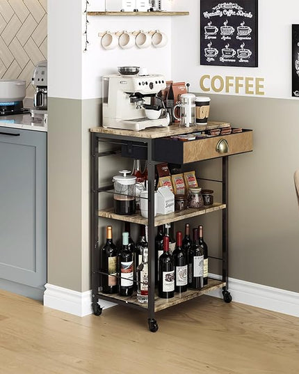 X-cosrack Coffee Bar Cart with Storage, 3-Tier Coffee Table with Drawer for Home Buffets & Sideboards,Coffee Station Corner Table with Rolling Wheels for Kichen, Entryway, Living Room-Patent - LeafyLoom