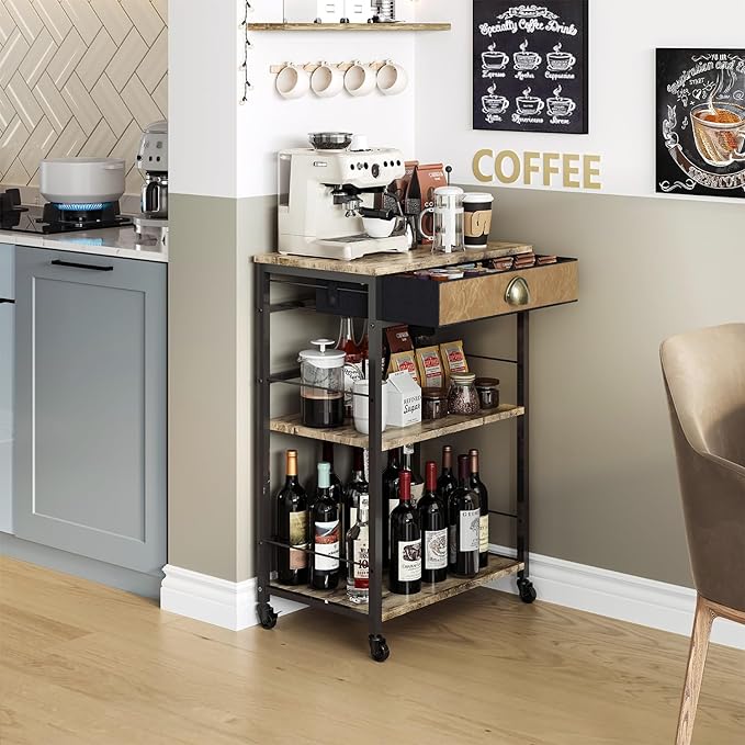 X-cosrack Coffee Bar Cart with Storage, 3-Tier Coffee Table with Drawer for Home Buffets & Sideboards,Coffee Station Corner Table with Rolling Wheels for Kichen, Entryway, Living Room-Patent - LeafyLoom