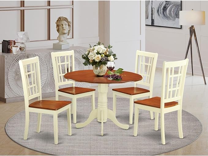 East West Furniture Dublin 5 Piece Dinette Set for 4 Includes a Round Room Table with Dropleaf and 4 Dining Chairs, 42x42 Inch, Buttermilk & Cherry - LeafyLoom